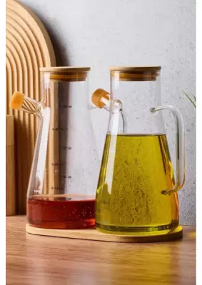 Bambu Kapaklı Vakumlu Borosilikat 3’lü Cam Yağdanlık Seti - 1