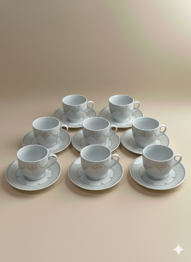 Klasik Desenli Porselen Kahve Fincan Takımı – 6 Fincan 6 Tabak (12 Parça) - 2