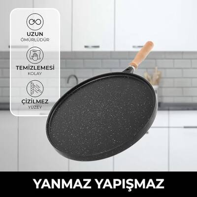 Yanmaz Yapışmaz Granit Kaplama Çift Taraflı Izgara ve Gözleme Tavası | Çift Taraflı Bazlama ve Et Tavası | Çıkarılabilir Saplı Granit Kaplama Döküm Tava - 3