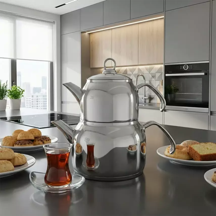 Valeriya Metal Kulplu Orta Boy Çaydanlık Takımı - 1