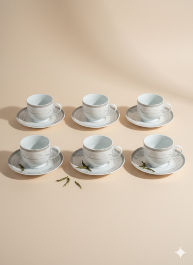 Zarif Desenli Porselen Kahve Fincan Takımı – 6 Fincan 6 Tabak (12 Parça) - 2